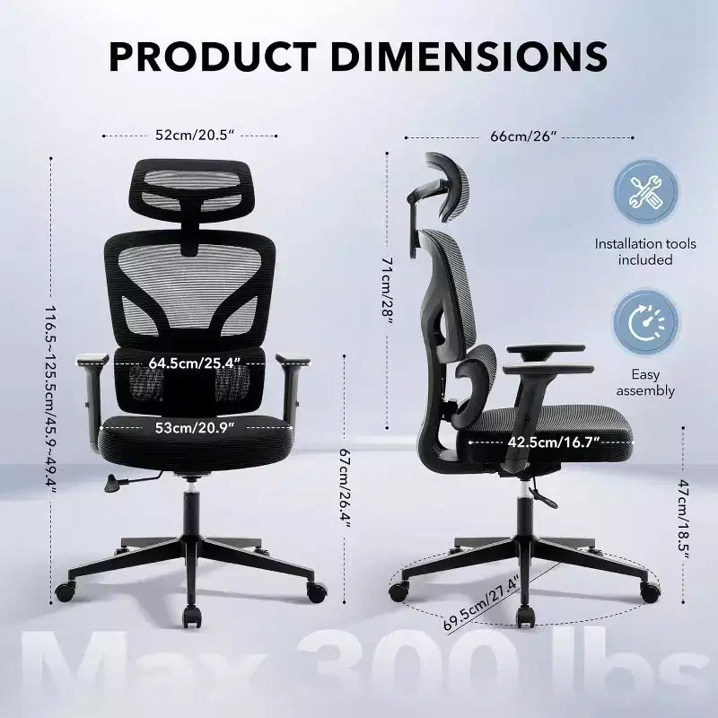 Ergonomic Office Chair with Adjustable Lumbar Support, High-Back Home Office Desk Chair, Comfortable Mesh Gaming Chair with 3D Armrests, Headrest