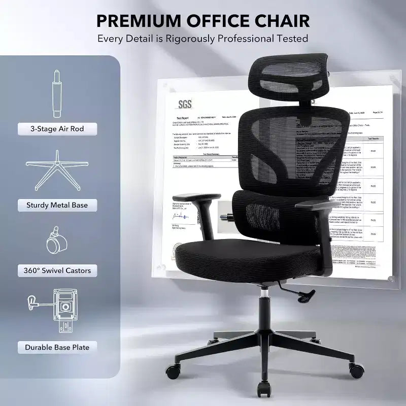 Ergonomic Office Chair with Adjustable Lumbar Support, High-Back Home Office Desk Chair, Comfortable Mesh Gaming Chair with 3D Armrests, Headrest