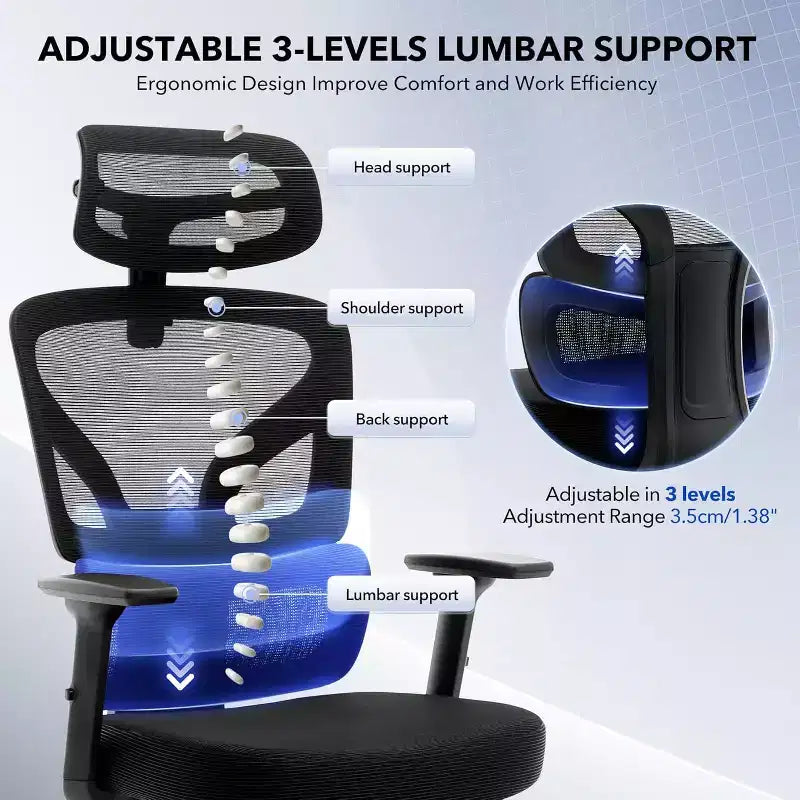 Ergonomic Office Chair with Adjustable Lumbar Support, High-Back Home Office Desk Chair, Comfortable Mesh Gaming Chair with 3D Armrests, Headrest