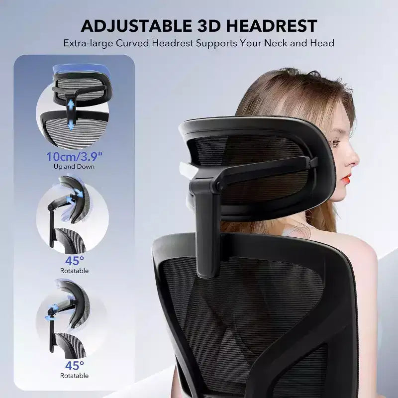 Ergonomic Office Chair with Adjustable Lumbar Support, High-Back Home Office Desk Chair, Comfortable Mesh Gaming Chair with 3D Armrests, Headrest