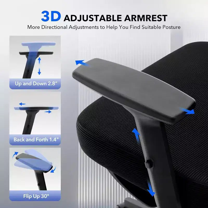 Ergonomic Office Chair with Adjustable Lumbar Support, High-Back Home Office Desk Chair, Comfortable Mesh Gaming Chair with 3D Armrests, Headrest