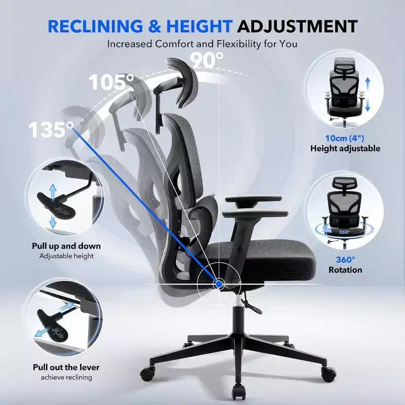 Ergonomic Office Chair with Adjustable Lumbar Support, High-Back Home Office Desk Chair, Comfortable Mesh Gaming Chair with 3D Armrests, Headrest
