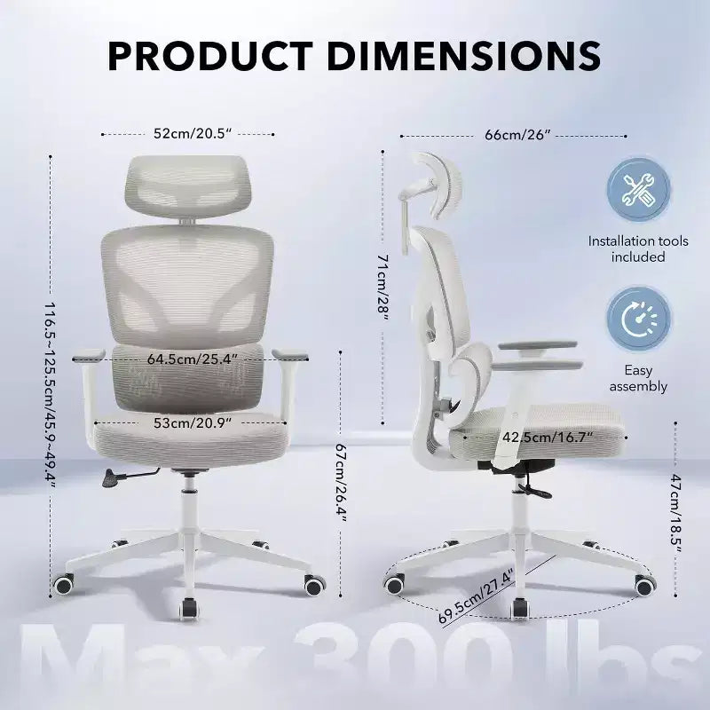 Ergonomic Office Chair with Adjustable Lumbar Support, High-Back Home Office Desk Chair, Comfortable Mesh Gaming Chair with 3D Armrests, Headrest
