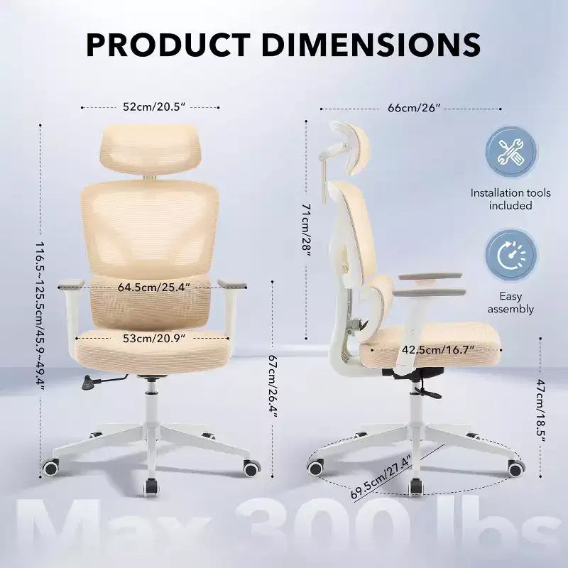 Ergonomic Office Chair with Adjustable Lumbar Support, High-Back Home Office Desk Chair, Comfortable Mesh Gaming Chair with 3D Armrests, Headrest