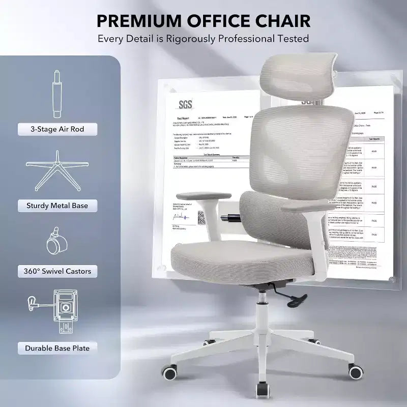 Ergonomic Office Chair with Adjustable Lumbar Support, High-Back Home Office Desk Chair, Comfortable Mesh Gaming Chair with 3D Armrests, Headrest