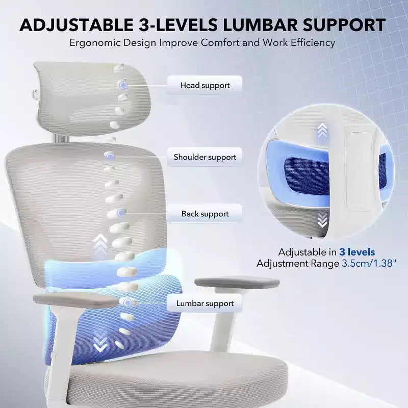 Ergonomic Office Chair with Adjustable Lumbar Support, High-Back Home Office Desk Chair, Comfortable Mesh Gaming Chair with 3D Armrests, Headrest
