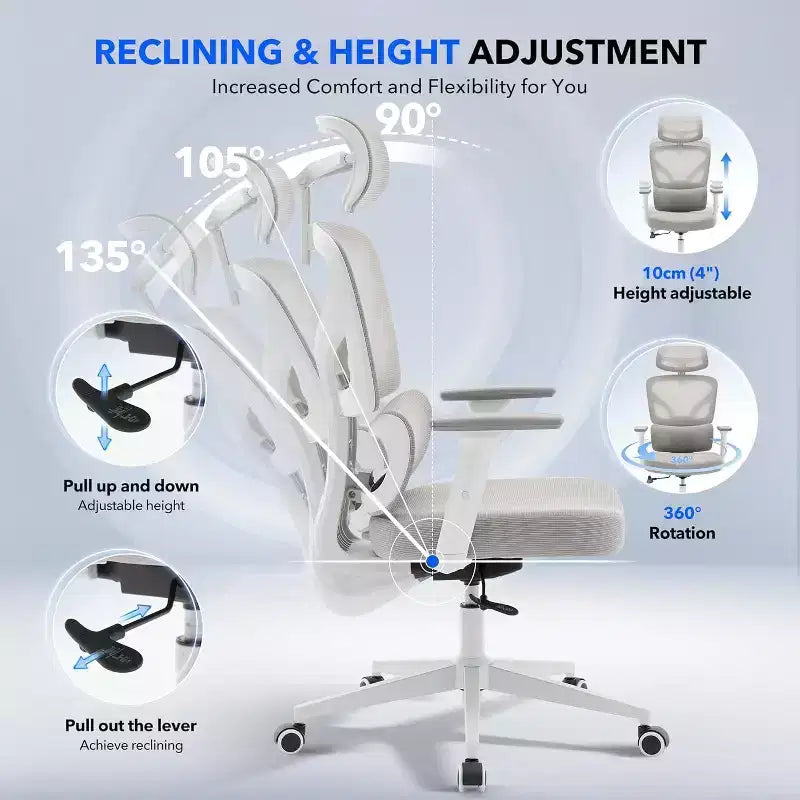 Ergonomic Office Chair with Adjustable Lumbar Support, High-Back Home Office Desk Chair, Comfortable Mesh Gaming Chair with 3D Armrests, Headrest