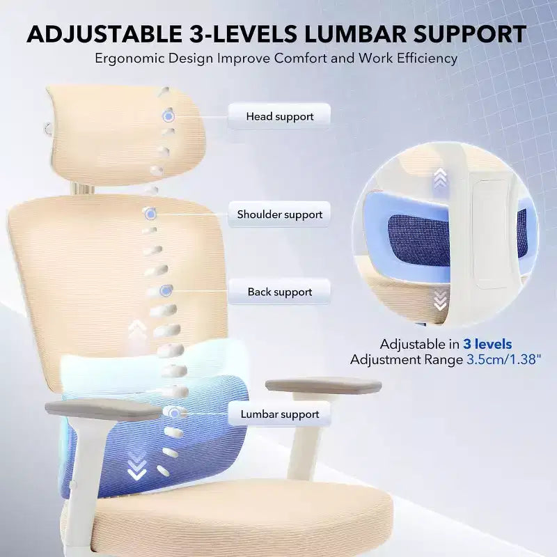 Ergonomic Office Chair with Adjustable Lumbar Support, High-Back Home Office Desk Chair, Comfortable Mesh Gaming Chair with 3D Armrests, Headrest