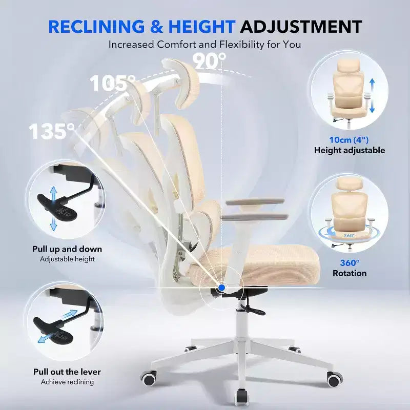 Ergonomic Office Chair with Adjustable Lumbar Support, High-Back Home Office Desk Chair, Comfortable Mesh Gaming Chair with 3D Armrests, Headrest
