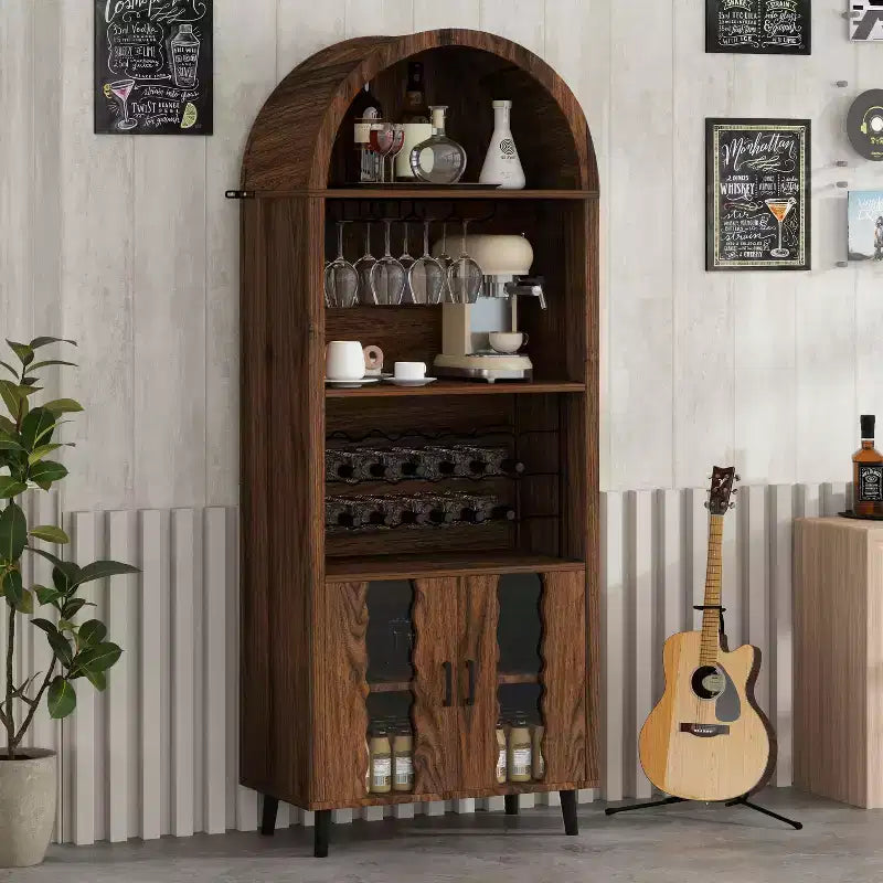 MAYEERTY 71 Framehouse Arched Wine Bar Cabinet with Wine Rack Wine Glass Holder for Living Room Kitchen Room Brown