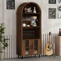 MAYEERTY 71 Framehouse Arched Wine Bar Cabinet with Wine Rack Wine Glass Holder for Living Room Kitchen Room Brown