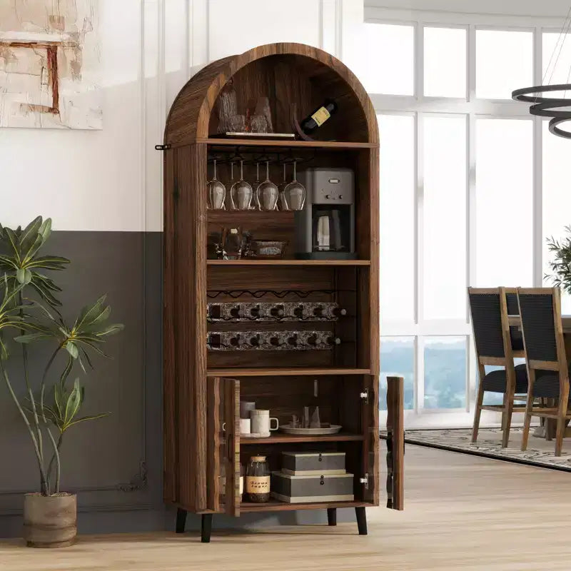 MAYEERTY 71 Framehouse Arched Wine Bar Cabinet with Wine Rack Wine Glass Holder for Living Room Kitchen Room Brown