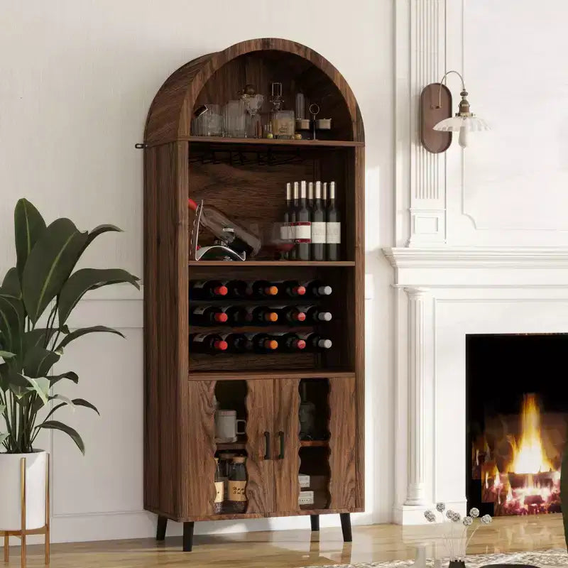 MAYEERTY 71 Framehouse Arched Wine Bar Cabinet with Wine Rack Wine Glass Holder for Living Room Kitchen Room Brown