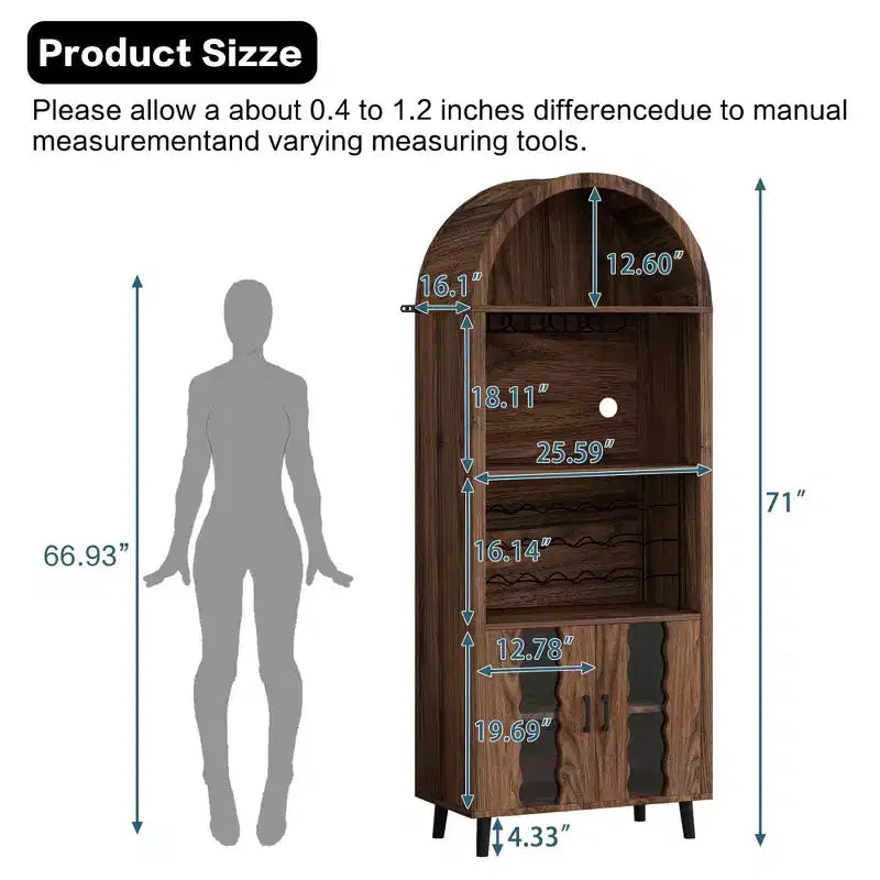 MAYEERTY 71 Framehouse Arched Wine Bar Cabinet with Wine Rack Wine Glass Holder for Living Room Kitchen Room Brown