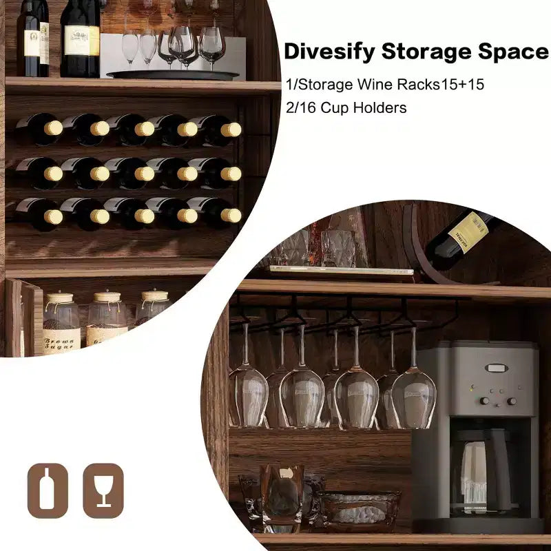 MAYEERTY 71 Framehouse Arched Wine Bar Cabinet with Wine Rack Wine Glass Holder for Living Room Kitchen Room Brown
