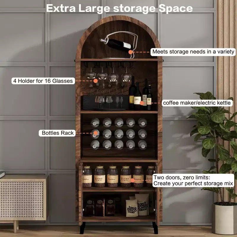 MAYEERTY 71 Framehouse Arched Wine Bar Cabinet with Wine Rack Wine Glass Holder for Living Room Kitchen Room Brown