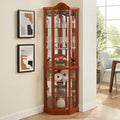 Corner Glass Display Cabinet with Light, Carved Decoration, and Adjustable Shelves for Bar or Wine Storage