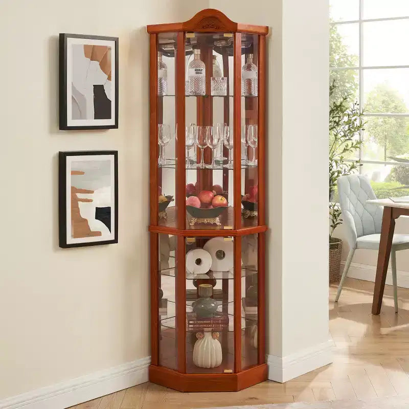 Corner Glass Display Cabinet with Light, Carved Decoration, and Adjustable Shelves for Bar or Wine Storage