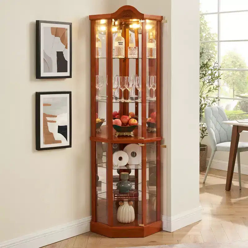 Corner Glass Display Cabinet with Light, Carved Decoration, and Adjustable Shelves for Bar or Wine Storage