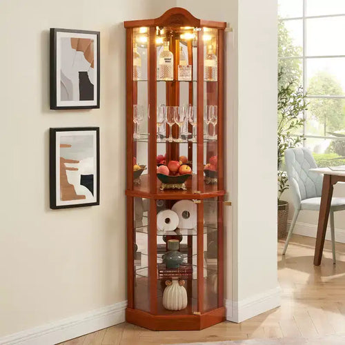 Corner Glass Display Cabinet with Light, Carved Decoration, and Adjustable Shelves for Bar or Wine Storage