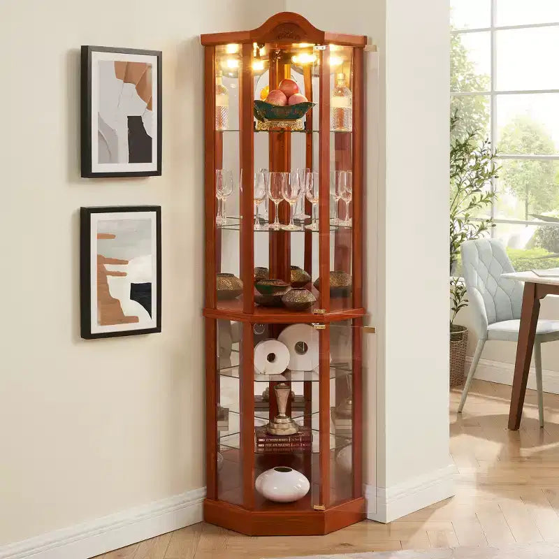 Corner Glass Display Cabinet with Light, Carved Decoration, and Adjustable Shelves for Bar or Wine Storage