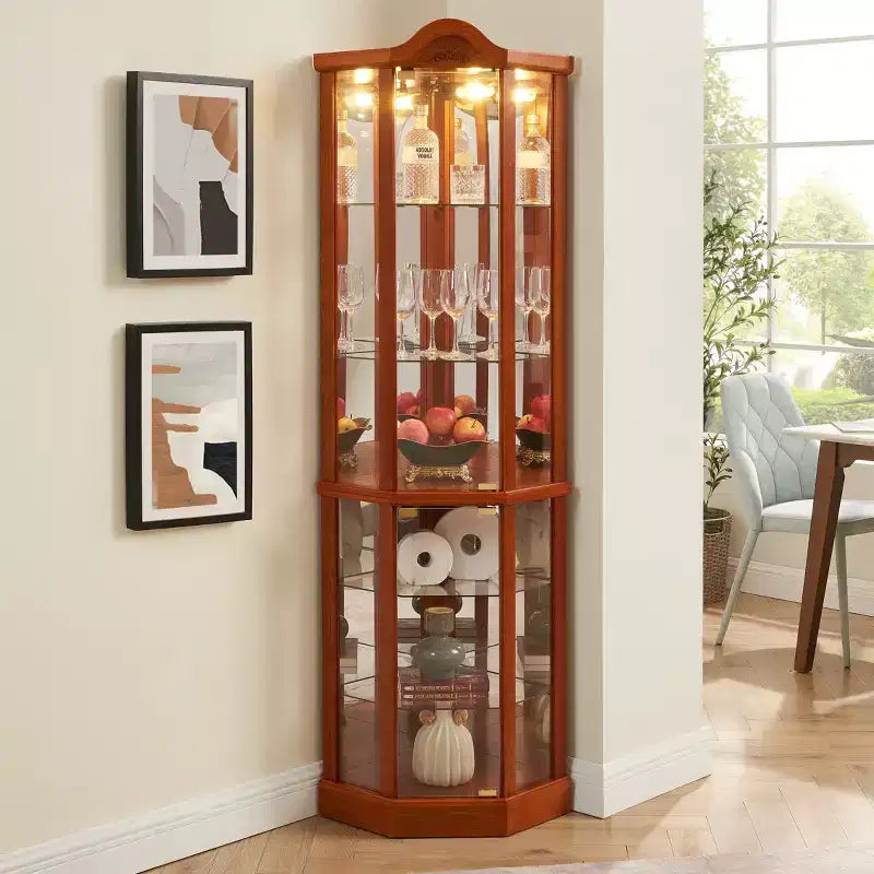 Corner Glass Display Cabinet with Light, Carved Decoration, and Adjustable Shelves for Bar or Wine Storage