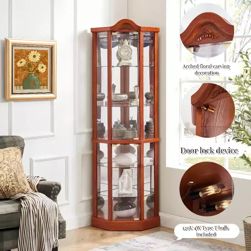 Corner Glass Display Cabinet with Light, Carved Decoration, and Adjustable Shelves for Bar or Wine Storage