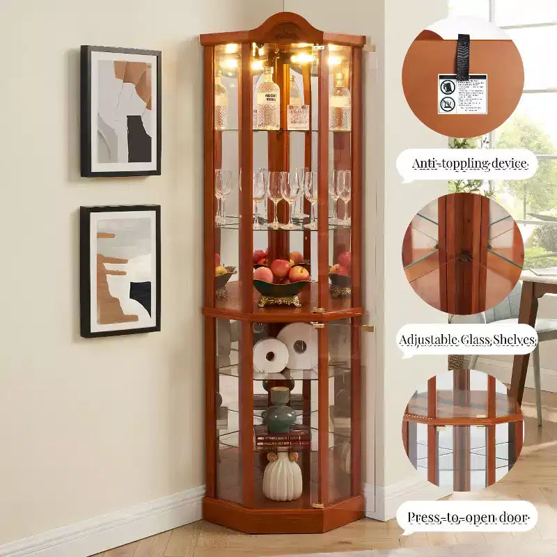 Corner Glass Display Cabinet with Light, Carved Decoration, and Adjustable Shelves for Bar or Wine Storage