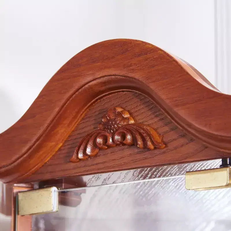 Corner Glass Display Cabinet with Light, Carved Decoration, and Adjustable Shelves for Bar or Wine Storage
