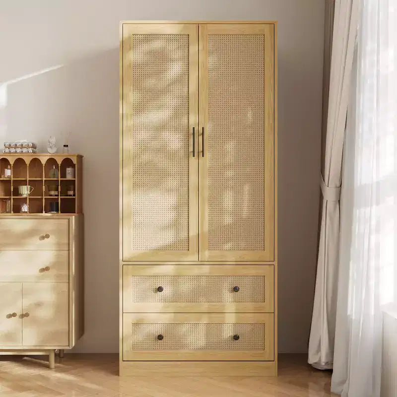Famapy Light Wood Rattan-Style Wardrobe with Drawers Armoire