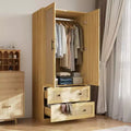 Famapy Light Wood Rattan-Style Wardrobe with Drawers Armoire