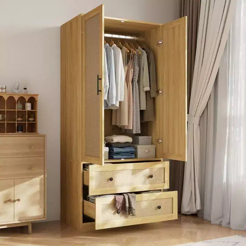 Famapy Light Wood Rattan-Style Wardrobe with Drawers Armoire