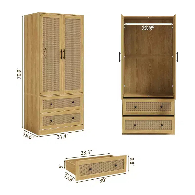 Famapy Light Wood Rattan-Style Wardrobe with Drawers Armoire