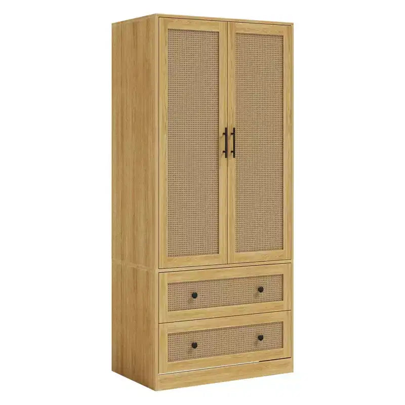 Famapy Light Wood Rattan-Style Wardrobe with Drawers Armoire