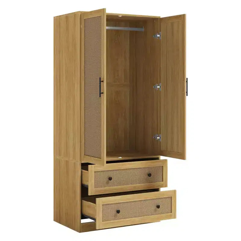 Famapy Light Wood Rattan-Style Wardrobe with Drawers Armoire
