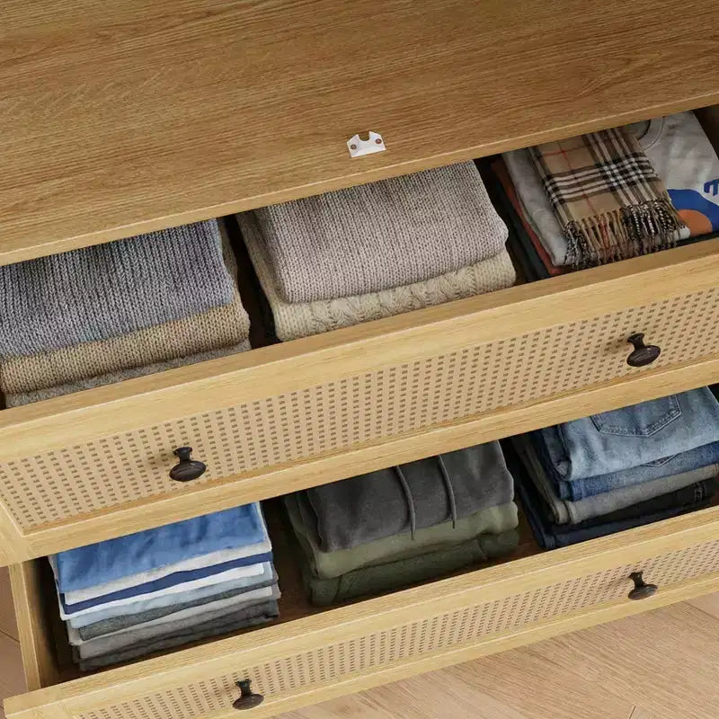 Famapy Light Wood Rattan-Style Wardrobe with Drawers Armoire
