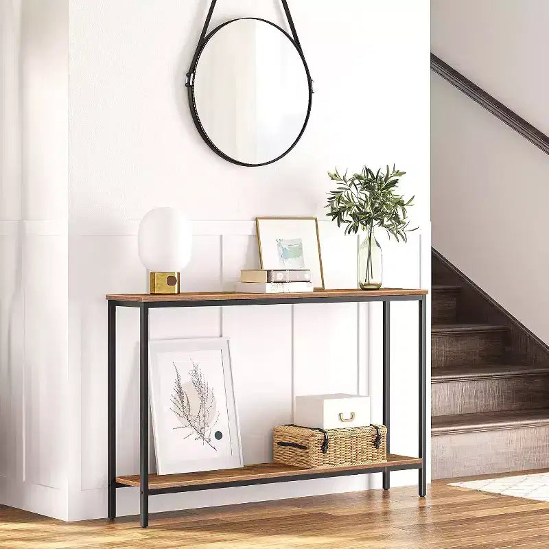 ACOINEL Console Table, 47.2 Narrow Entryway Sofa Table with Shelf, Rustic Brown & Black Metal Frame
