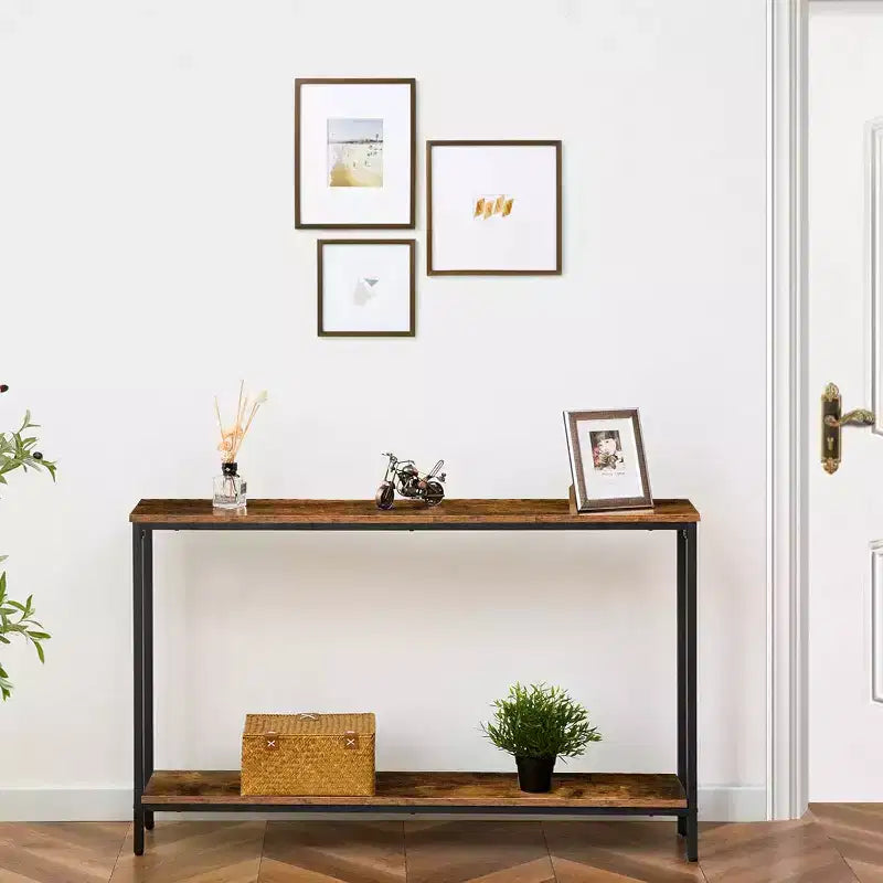 ACOINEL Console Table, 47.2 Narrow Entryway Sofa Table with Shelf, Rustic Brown & Black Metal Frame