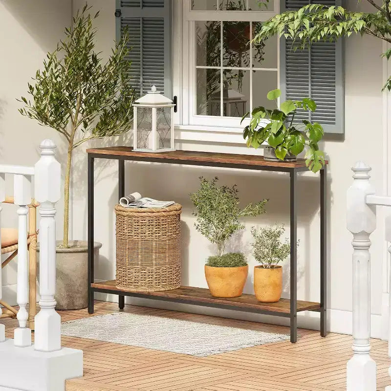 ACOINEL Console Table, 47.2 Narrow Entryway Sofa Table with Shelf, Rustic Brown & Black Metal Frame