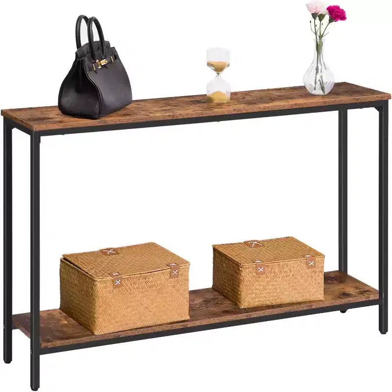 ACOINEL Console Table, 47.2 Narrow Entryway Sofa Table with Shelf, Rustic Brown & Black Metal Frame