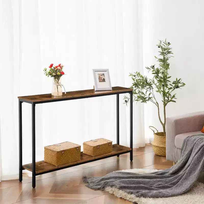 ACOINEL Console Table, 47.2 Narrow Entryway Sofa Table with Shelf, Rustic Brown & Black Metal Frame