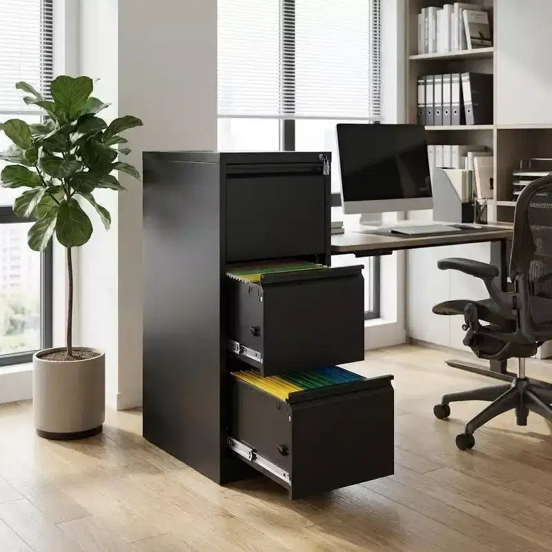 4 Drawer Vertical File Cabinet with Lock, Black Metal Filing Cabinet with Drawers for Home Office, Lockable Storage Cabinet
