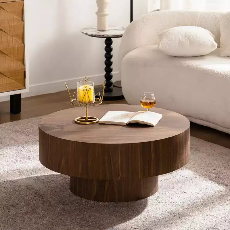 30.51 inch Round Walnut Coffee Table with Vintage Charm for Living Room or Office