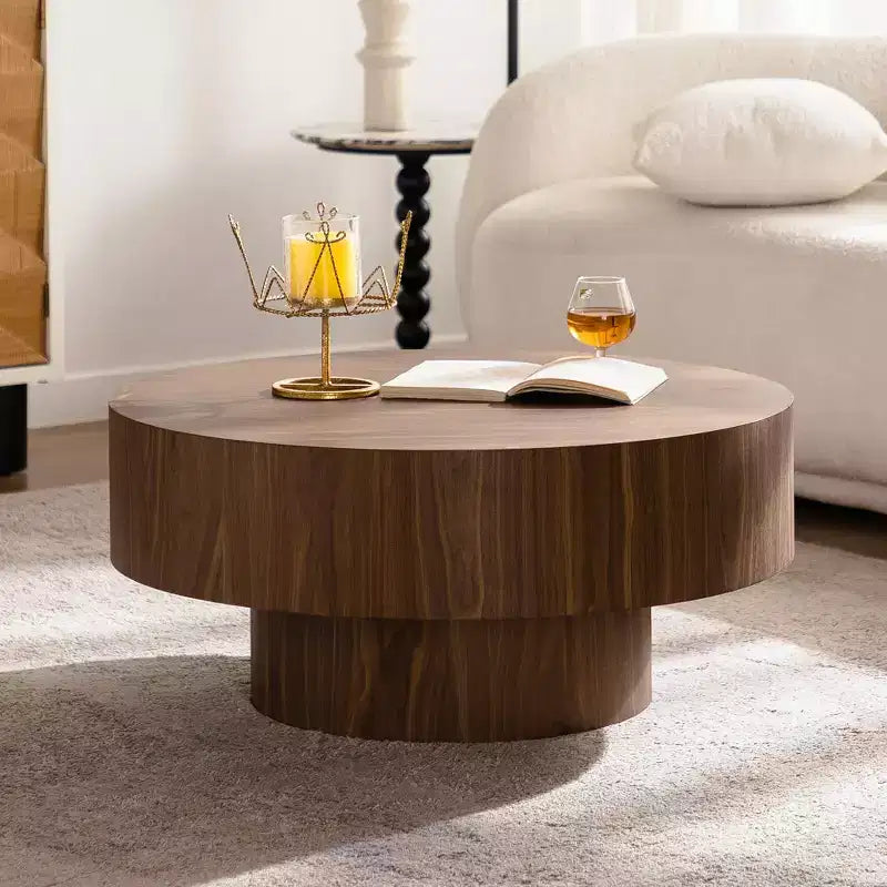 30.51 inch Round Walnut Coffee Table with Vintage Charm for Living Room or Office