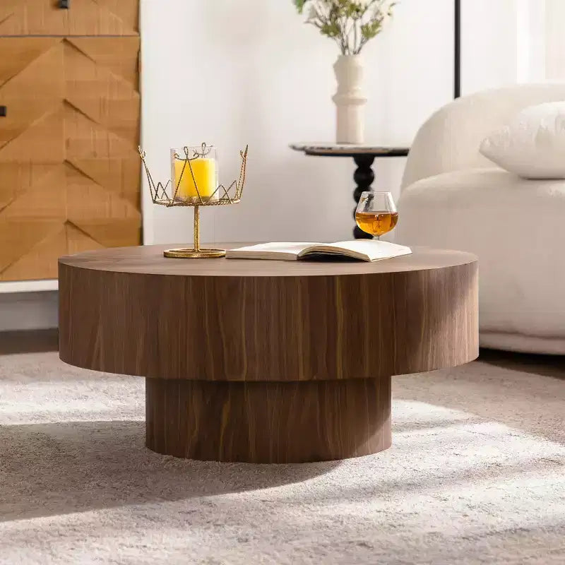 30.51 inch Round Walnut Coffee Table with Vintage Charm for Living Room or Office