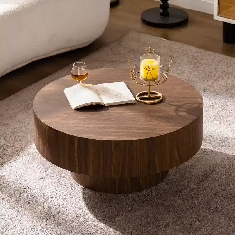 30.51 inch Round Walnut Coffee Table with Vintage Charm for Living Room or Office