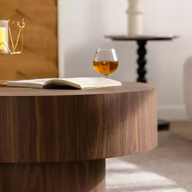 30.51 inch Round Walnut Coffee Table with Vintage Charm for Living Room or Office