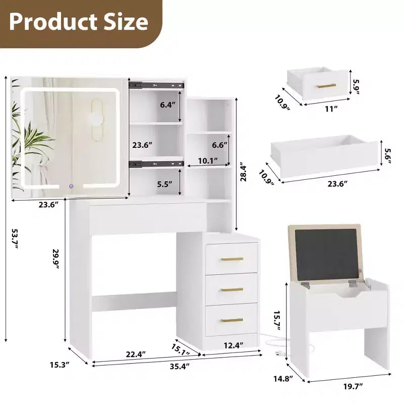 Makeup Vanity Desk Set with LED Lights, Sliding Mirror, Charging Station, 4 Drawers & Shelves