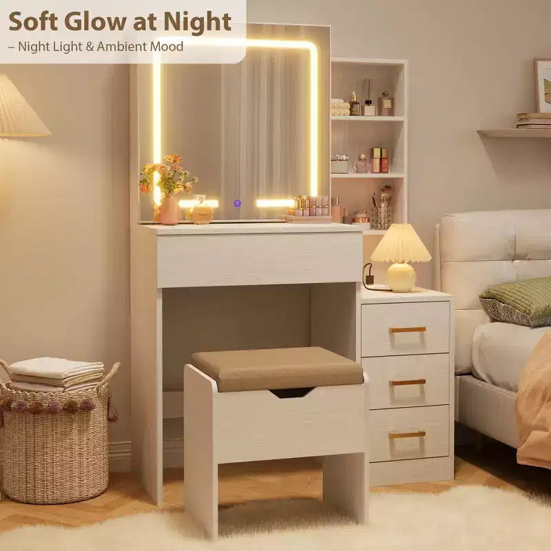 Makeup Vanity Desk Set with LED Lights, Sliding Mirror, Charging Station, 4 Drawers & Shelves