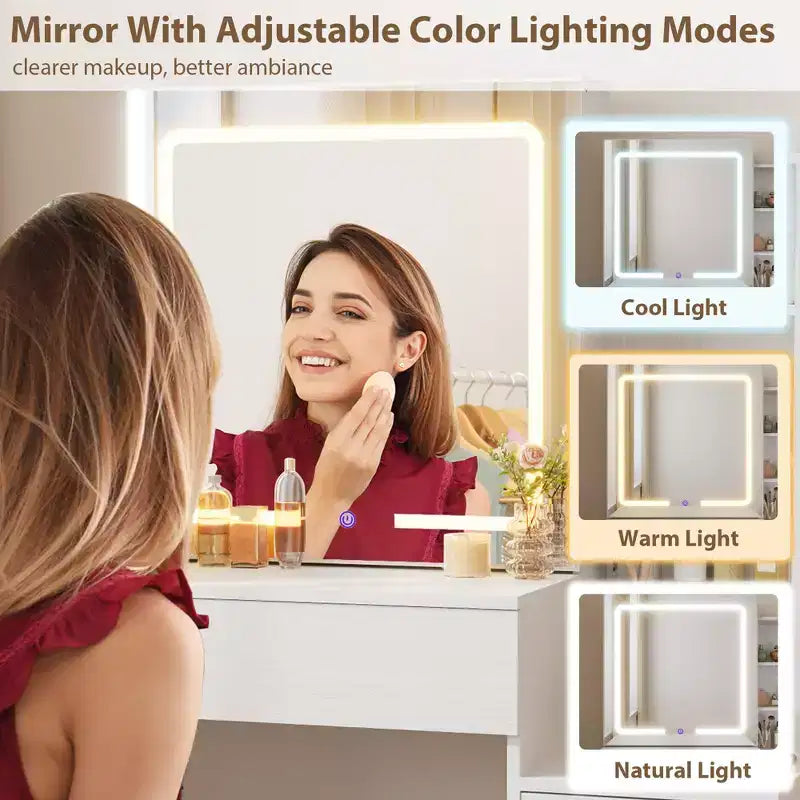 Makeup Vanity Desk Set with LED Lights, Sliding Mirror, Charging Station, 4 Drawers & Shelves